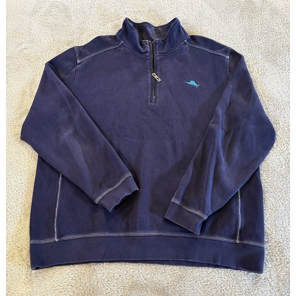 Tommy Bahama Half Zip Sweatshirt Blue Slub Knit Marlin Pullover XL